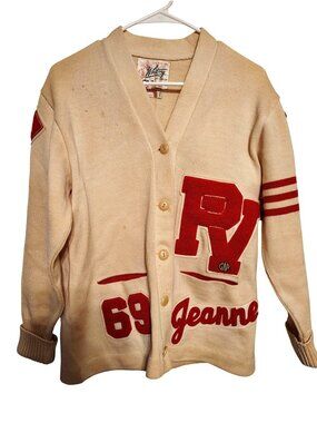 Vintage Whiting Los Angeles Letterman Cardigan Cream Red, 1960's Jeanne READ